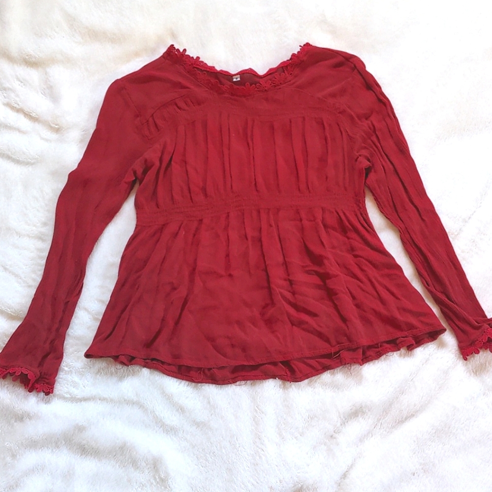 Shein Burgundy Long Sleeve Ruffle Lace Top